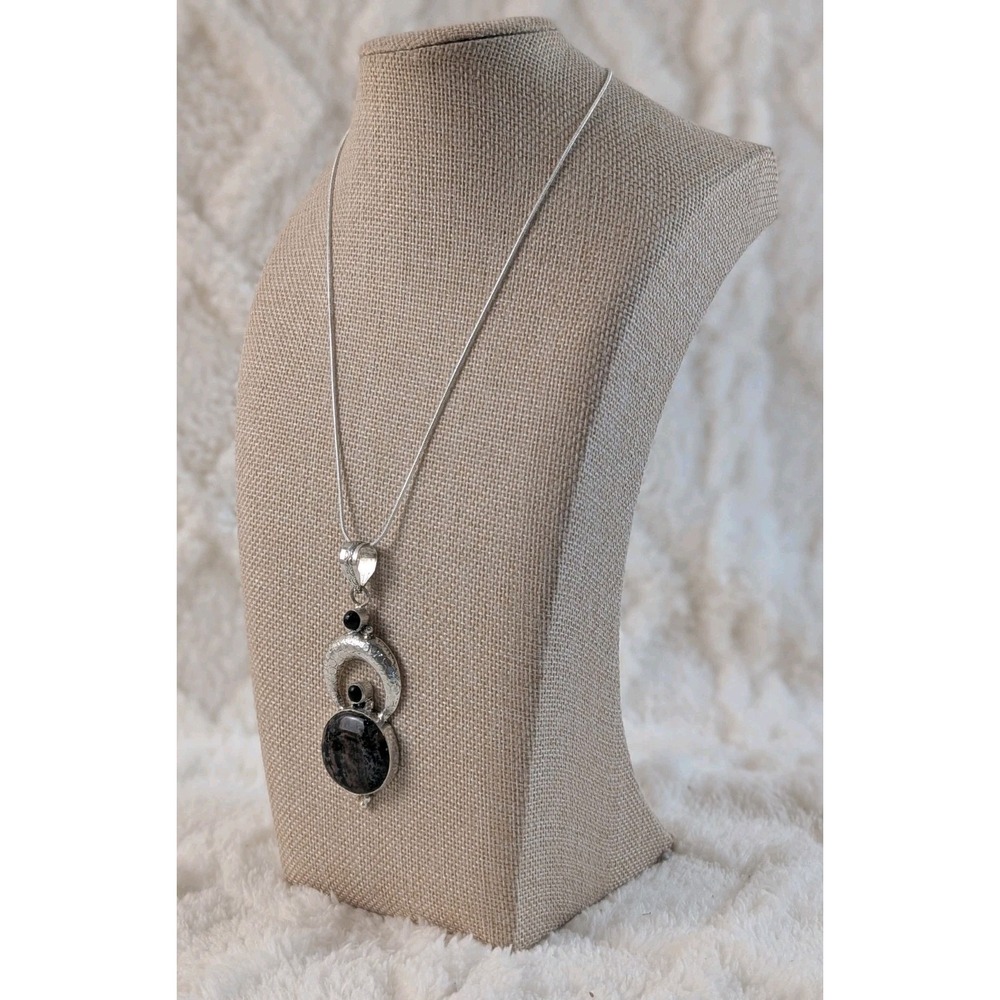 Sterling Silver Jasper Onyx Modern Circle Pendant Necklace 925 Artisan 24"‎